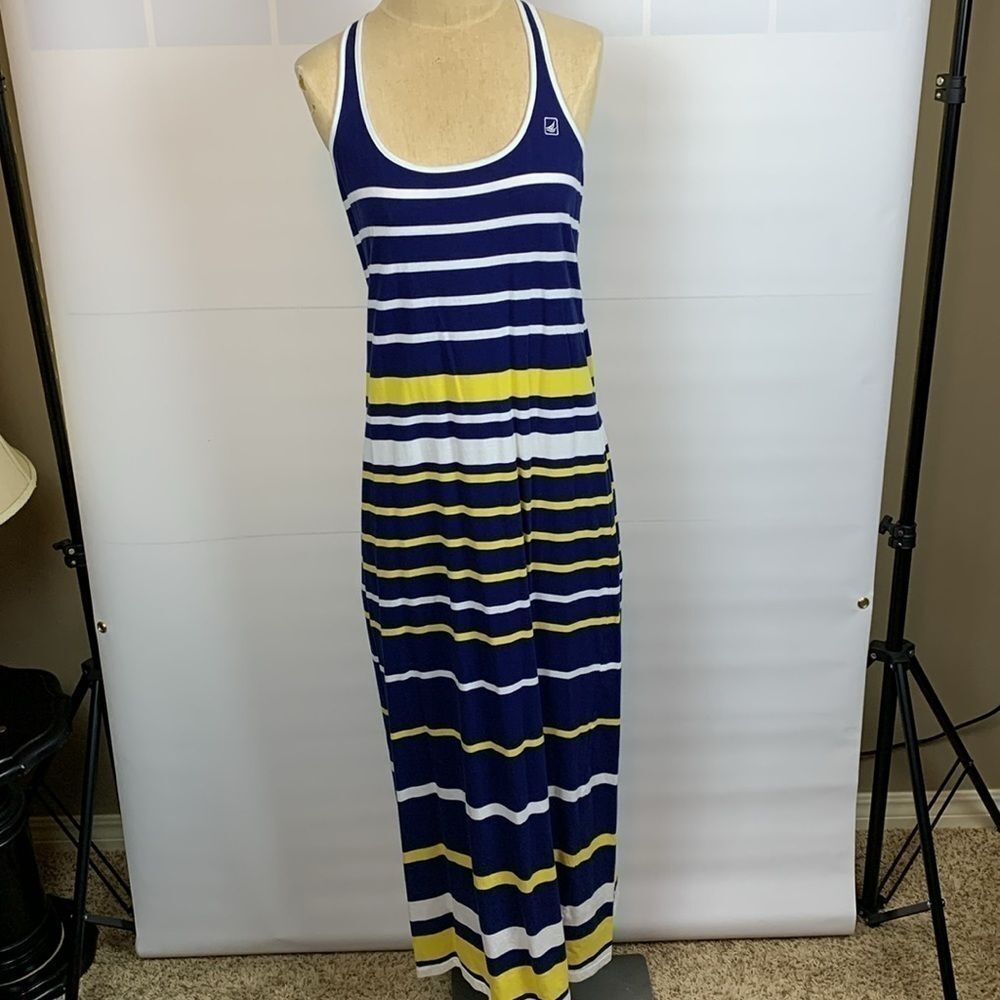 Sperry Topsider racer back nautical blue, white yellow striped maxi dress, Med